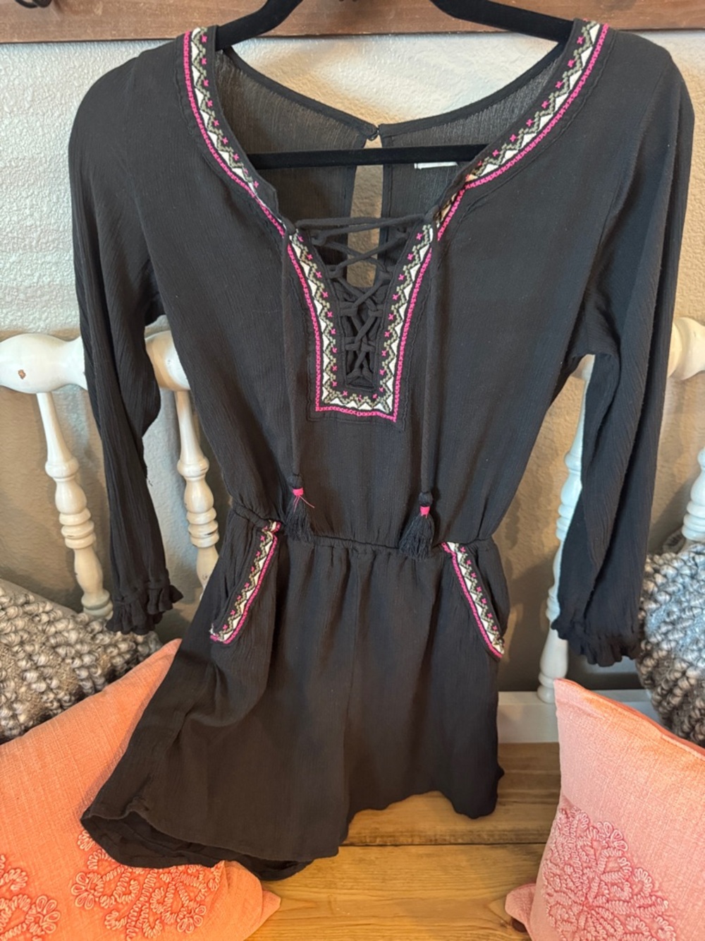 Hollister Black Embroidered Boho Tunic with Pink Accents